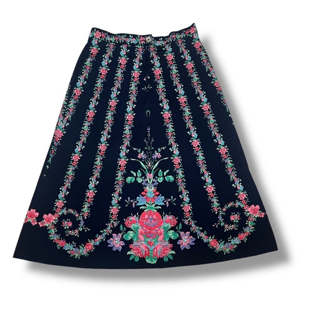 Vintage deep navy blue and floral A-Line midi skirt - Picture 3 of 5